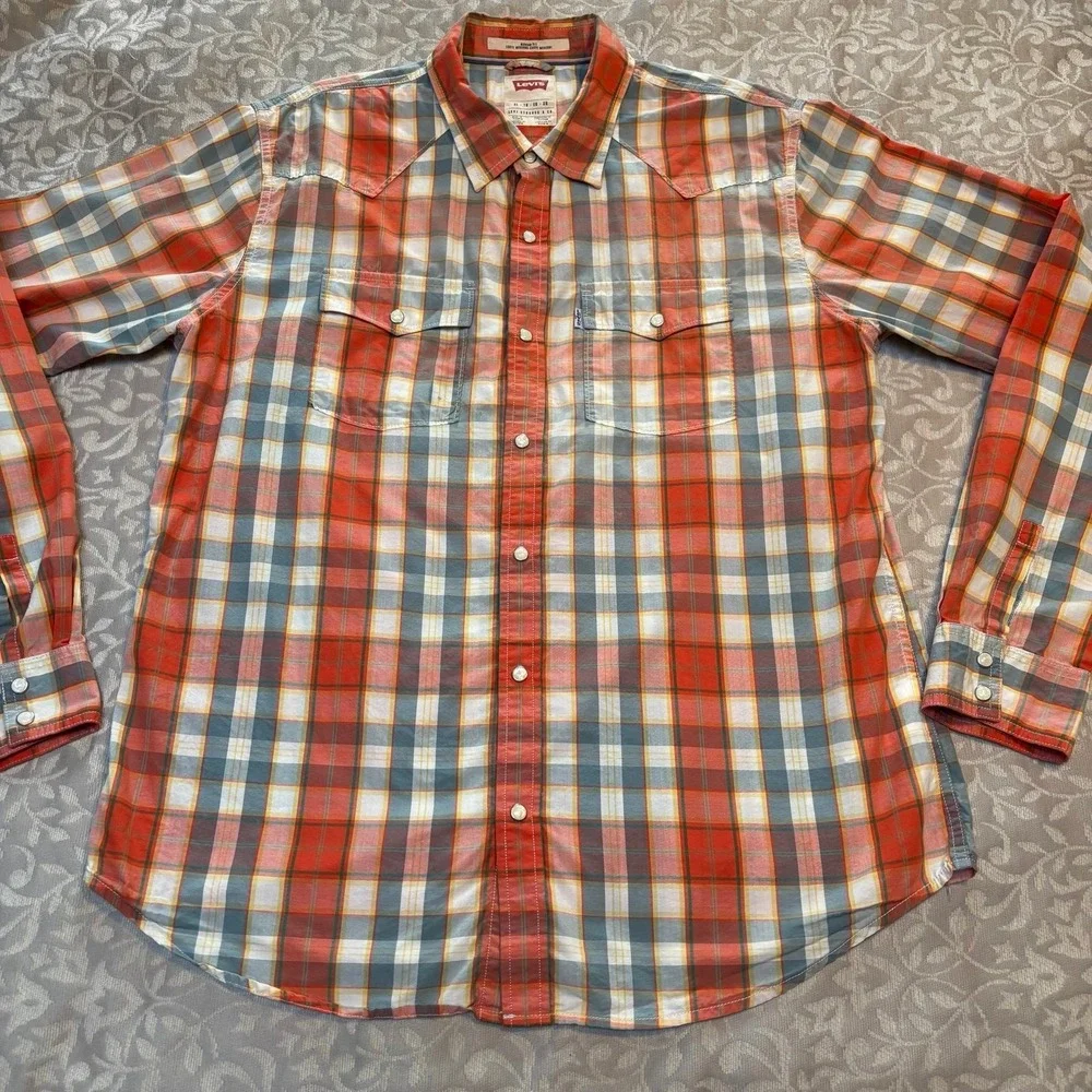 Levi's Pearl Snap Shirt Plaid Cotton Long Sleeve (C20)‎